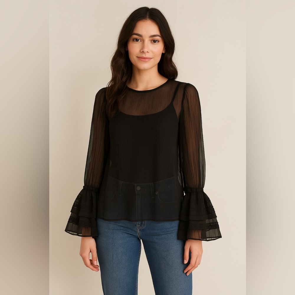 Stellah Ruffle Big Dramatic Cuff Sheer Black Romantic Boho Blouse boho